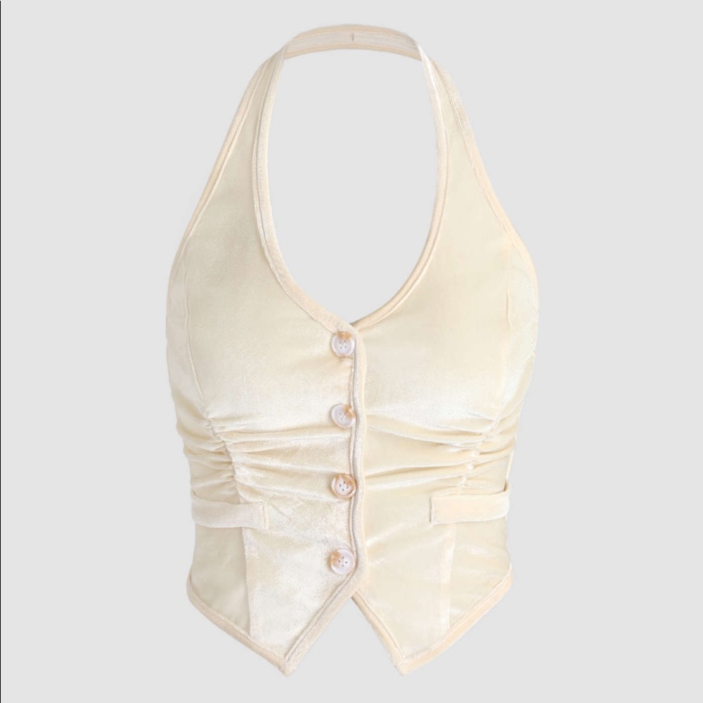 Button Up Beige Halter Waistcoat Top